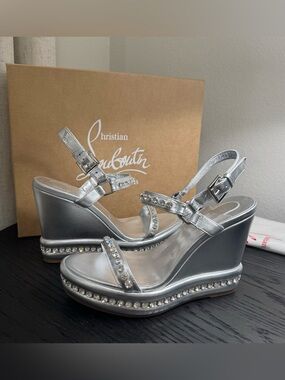 Christian Louboutin Pyrastrass 110 Embellished Wedge Sandals Silver 37
